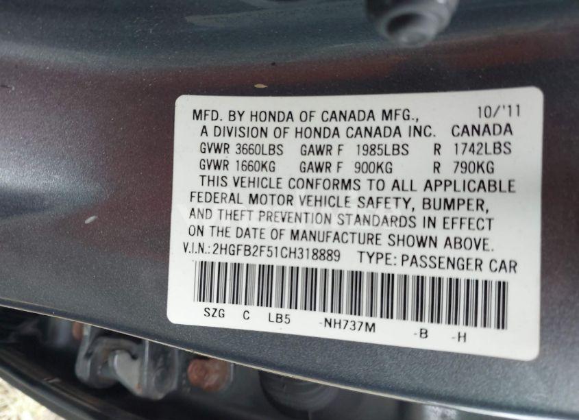 Photo 9 of 2012 Honda Civic LX (VIN 2HGFB2F51CH318889)