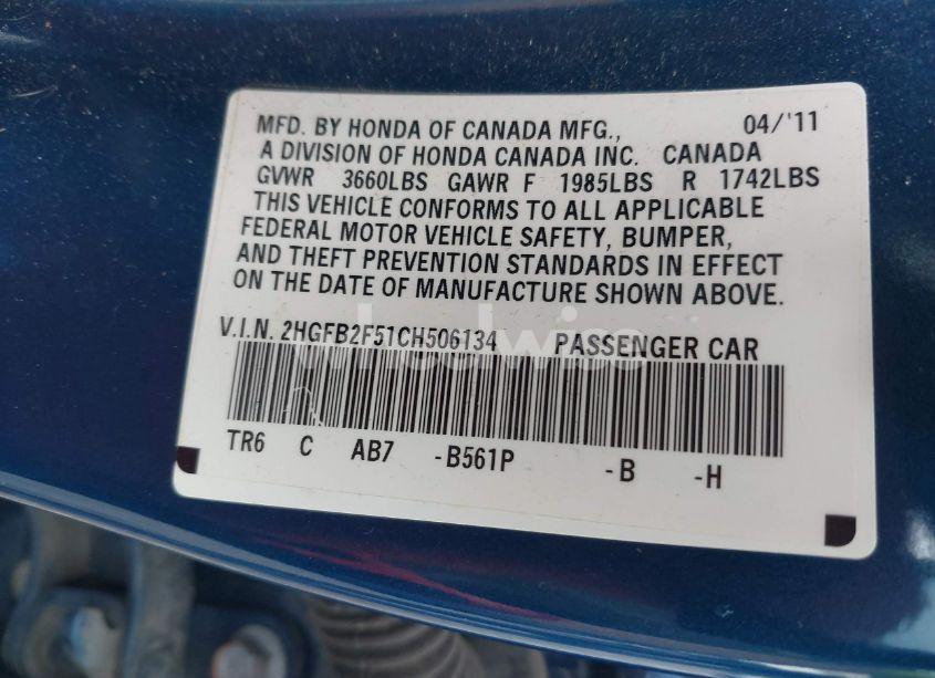 Photo 9 of 2012 Honda Civic LX (VIN 2HGFB2F51CH506134)