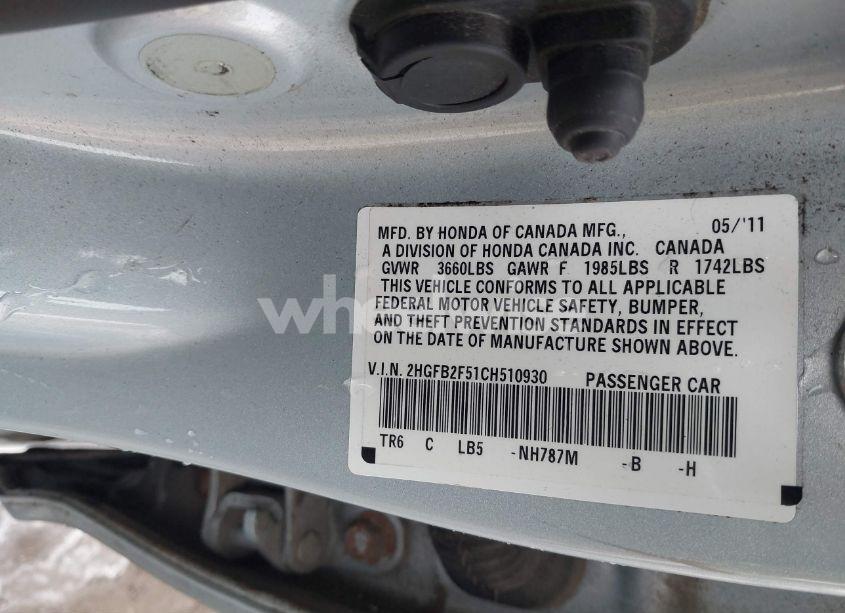 Photo 9 of 2012 Honda Civic SDN LX (VIN 2HGFB2F51CH510930)