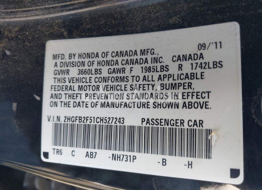 Photo 9 of 2012 Honda Civic SDN LX (VIN 2HGFB2F51CH527243)
