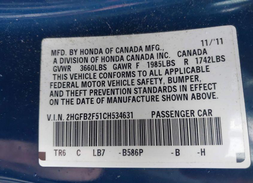 Photo 9 of 2012 Honda Civic LX (VIN 2HGFB2F51CH534631)
