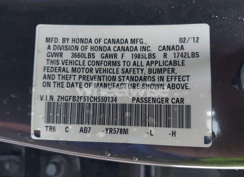 Photo 9 of 2012 Honda Civic LX (VIN 2HGFB2F51CH550134)