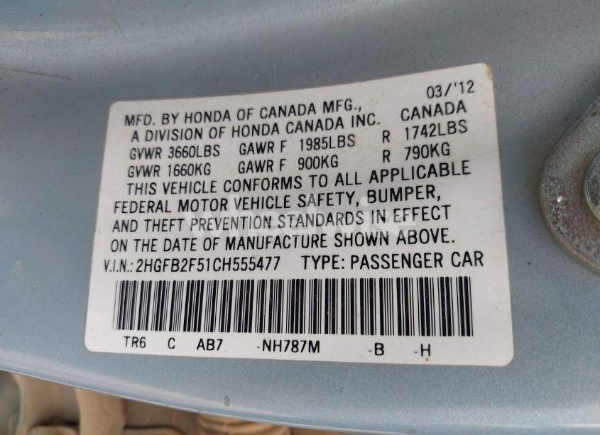 Photo 9 of 2012 Honda Civic LX (VIN 2HGFB2F51CH555477)