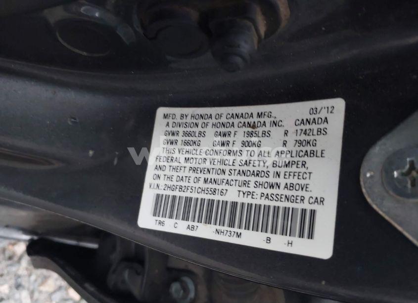 Photo 9 of 2012 Honda Civic LX (VIN 2HGFB2F51CH558167)