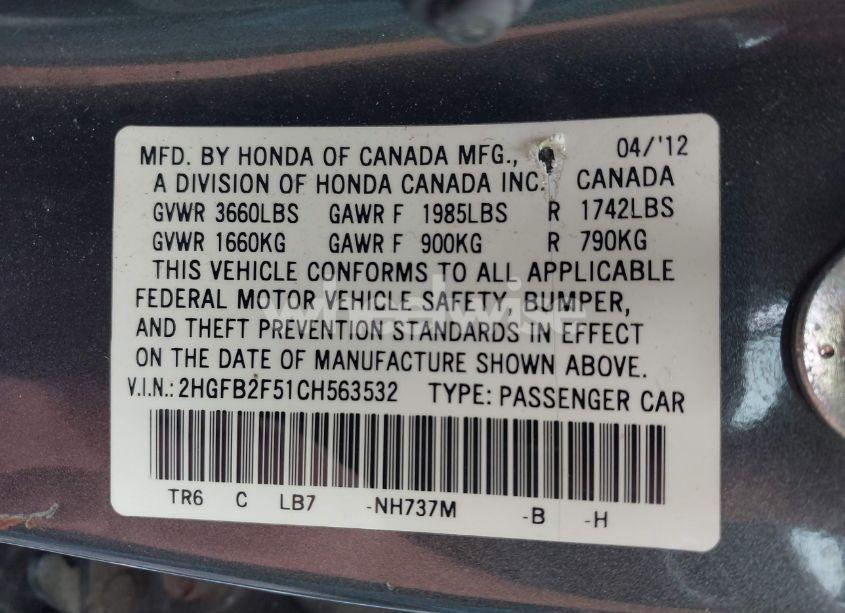 Photo 9 of 2012 Honda Civic LX (VIN 2HGFB2F51CH563532)