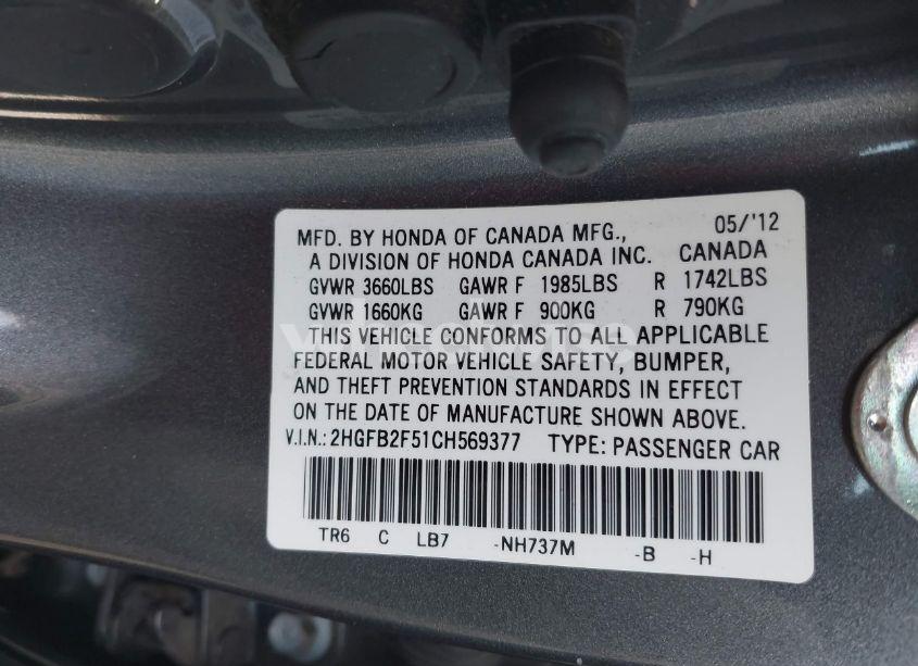 Photo 9 of 2012 Honda Civic SDN LX (VIN 2HGFB2F51CH569377)