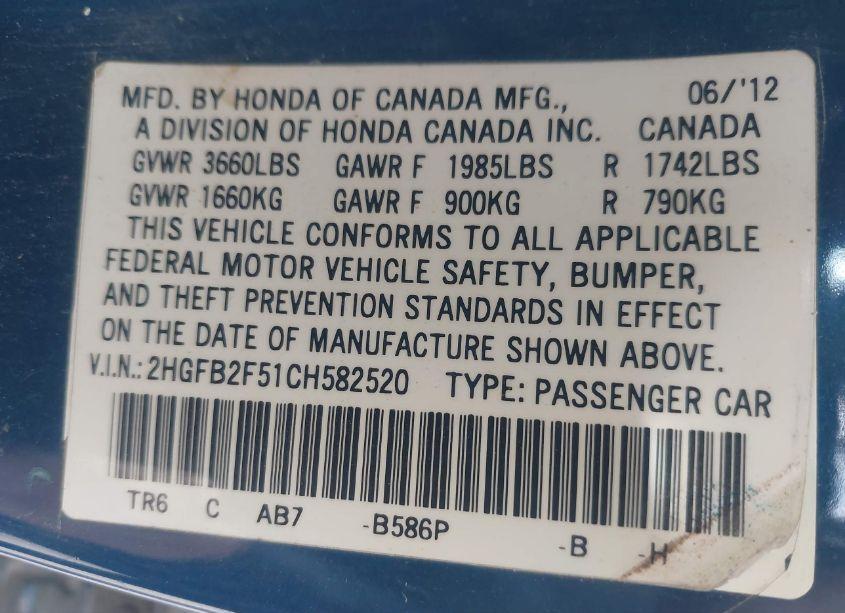 Photo 9 of 2012 Honda Civic SDN LX (VIN 2HGFB2F51CH582520)