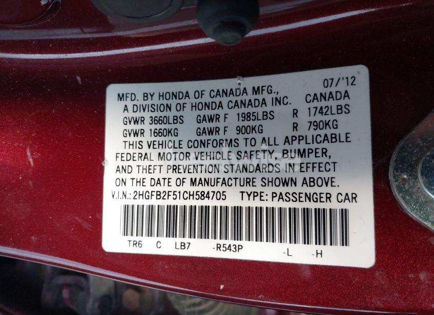 Photo 9 of 2012 Honda Civic LX (VIN 2HGFB2F51CH584705)