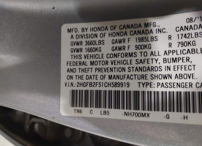 Photo 9 of 2012 Honda Civic LX (VIN 2HGFB2F51CH589919)