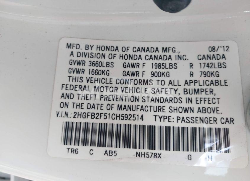 Photo 9 of 2012 Honda Civic LX (VIN 2HGFB2F51CH592514)