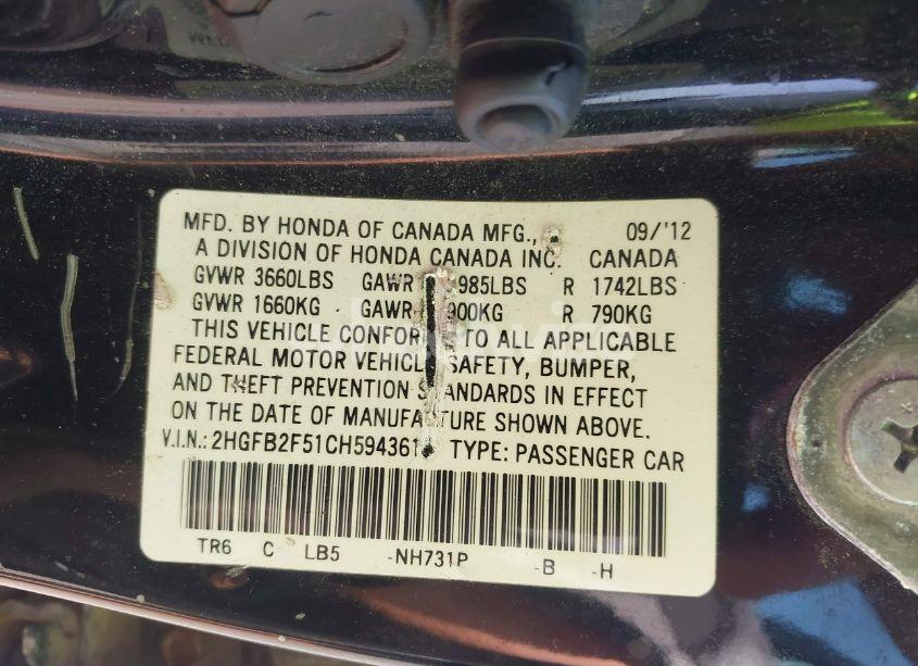 Photo 9 of 2012 Honda Civic LX (VIN 2HGFB2F51CH594361)