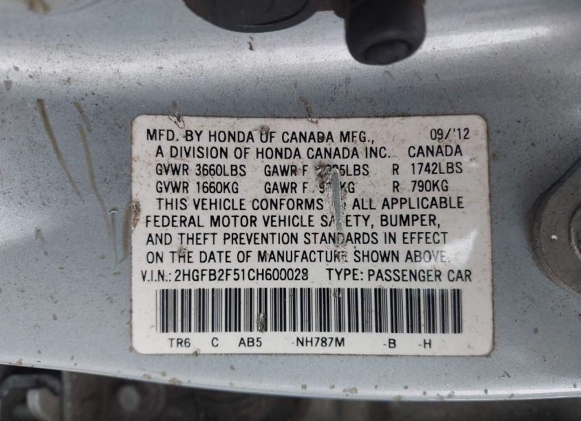 Photo 9 of 2012 Honda Civic SDN LX (VIN 2HGFB2F51CH600028)