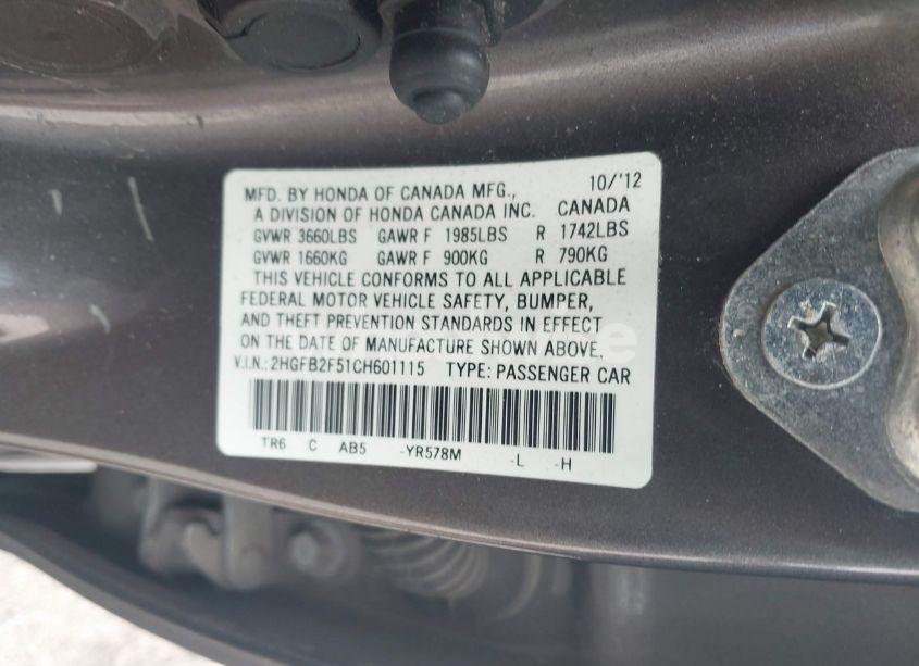 Photo 9 of 2012 Honda Civic LX (VIN 2HGFB2F51CH601115)