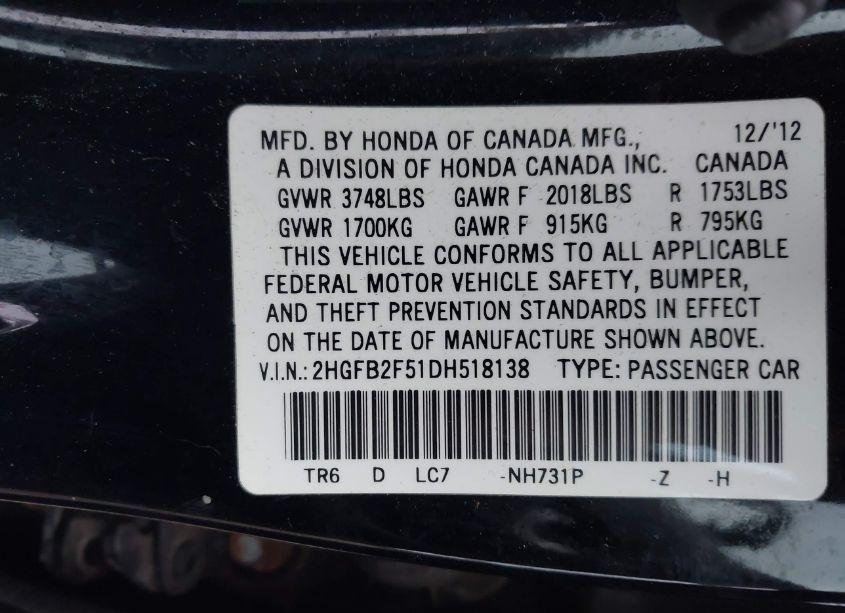 Photo 9 of 2013 Honda Civic LX (VIN 2HGFB2F51DH518138)