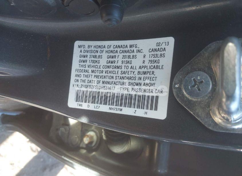 Photo 9 of 2013 Honda Civic LX (VIN 2HGFB2F51DH531617)