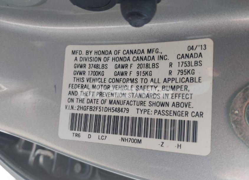 Photo 9 of 2013 Honda Civic LX (VIN 2HGFB2F51DH548479)