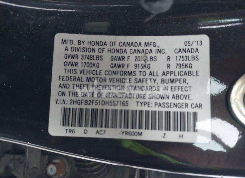 Photo 9 of 2013 Honda Civic LX (VIN 2HGFB2F51DH557165)