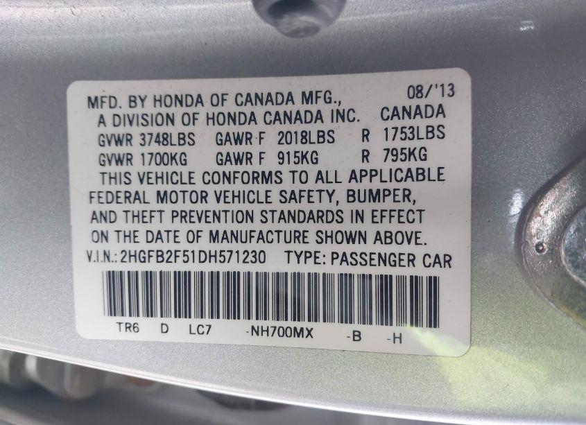 Photo 9 of 2013 Honda Civic LX (VIN 2HGFB2F51DH571230)