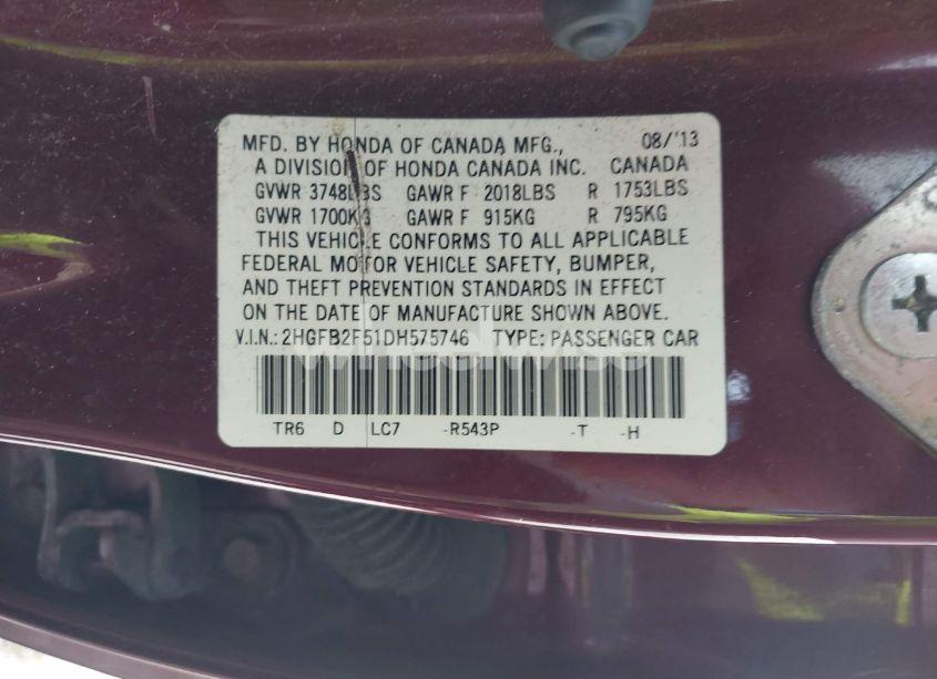 Photo 9 of 2013 Honda Civic LX (VIN 2HGFB2F51DH575746)