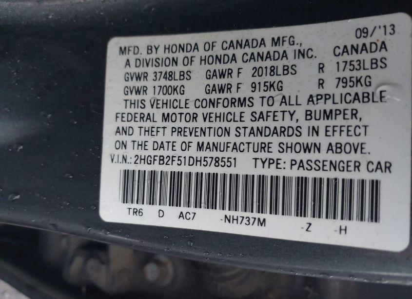 Photo 9 of 2013 Honda Civic LX (VIN 2HGFB2F51DH578551)