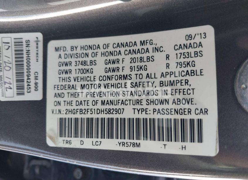 Photo 9 of 2013 Honda Civic LX (VIN 2HGFB2F51DH582907)