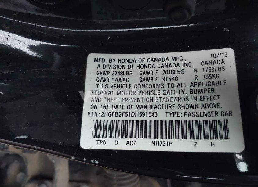 Photo 9 of 2013 Honda Civic LX (VIN 2HGFB2F51DH591543)