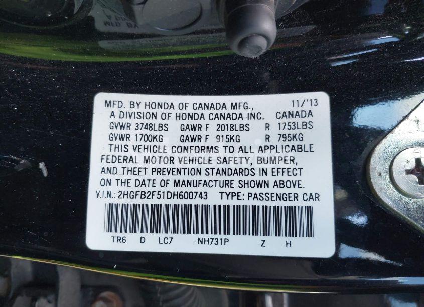 Photo 9 of 2013 Honda Civic LX (VIN 2HGFB2F51DH600743)
