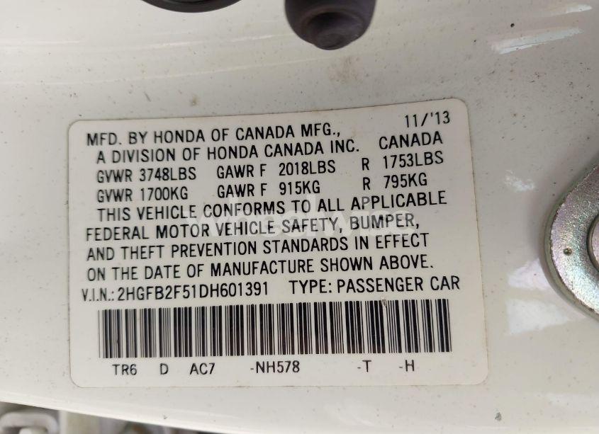 Photo 9 of 2013 Honda Civic LX (VIN 2HGFB2F51DH601391)