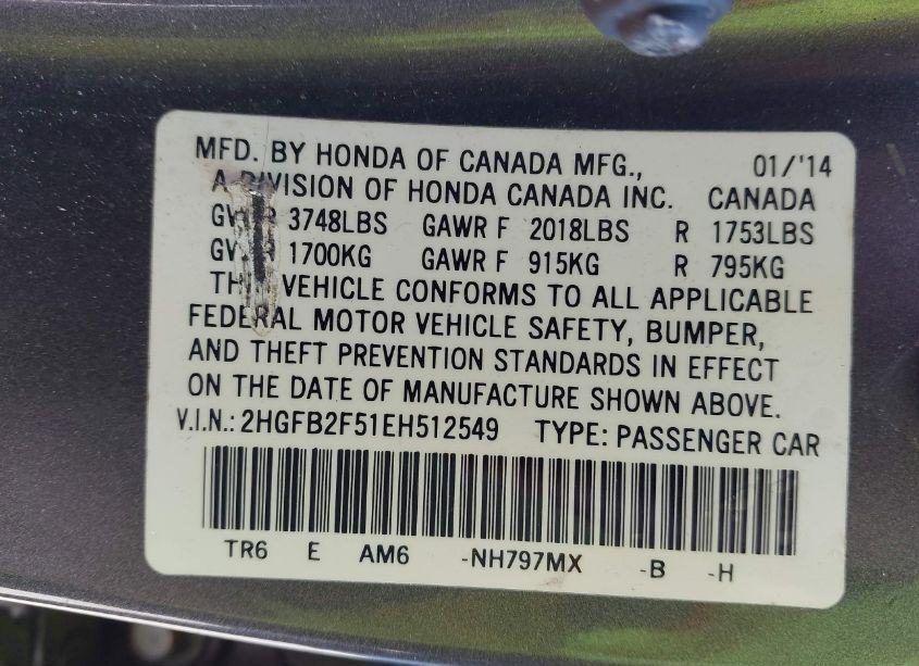 Photo 9 of 2014 Honda Civic LX (VIN 2HGFB2F51EH512549)