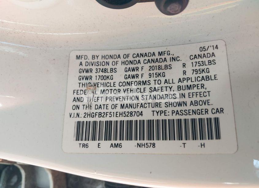 Photo 9 of 2014 Honda Civic LX (VIN 2HGFB2F51EH528704)