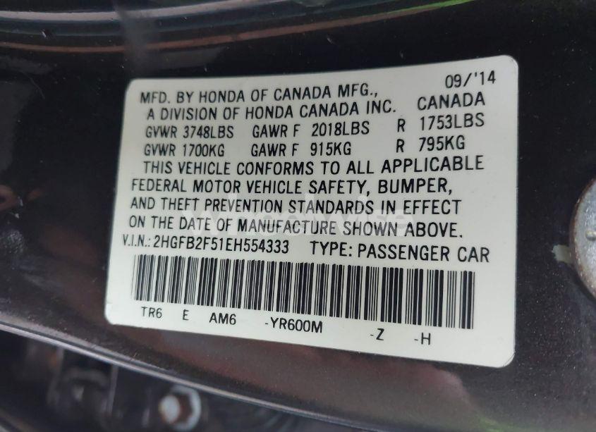 Photo 9 of 2014 Honda Civic LX (VIN 2HGFB2F51EH554333)