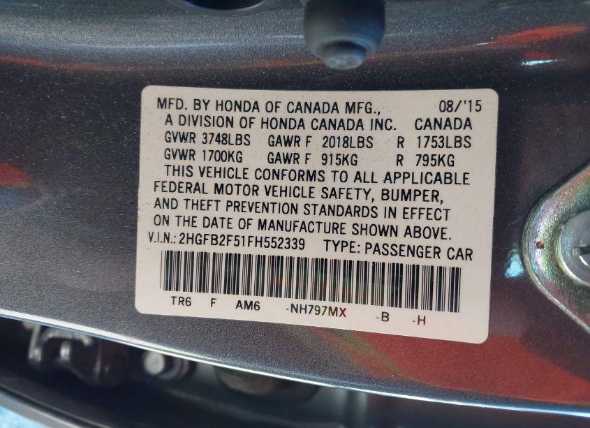 Photo 9 of 2015 Honda Civic LX (VIN 2HGFB2F51FH552339)