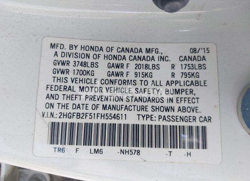 Photo 9 of 2015 Honda Civic LX (VIN 2HGFB2F51FH554611)