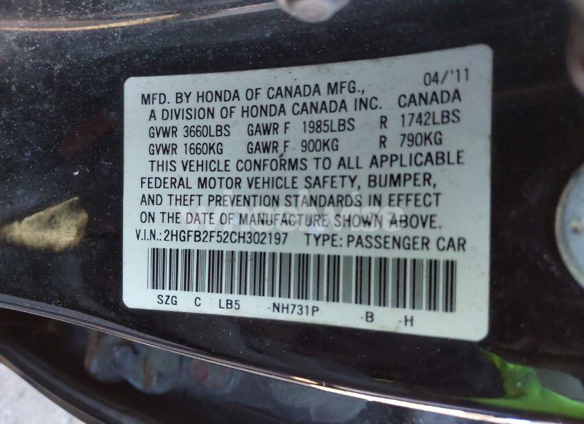 Photo 9 of 2012 Honda Civic SDN LX (VIN 2HGFB2F52CH302197)