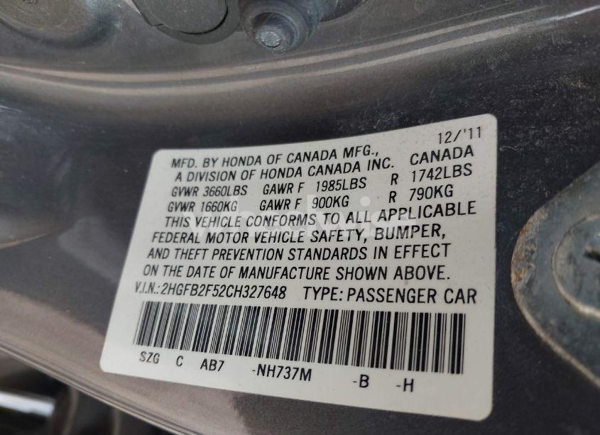 Photo 9 of 2012 Honda Civic LX (VIN 2HGFB2F52CH327648)