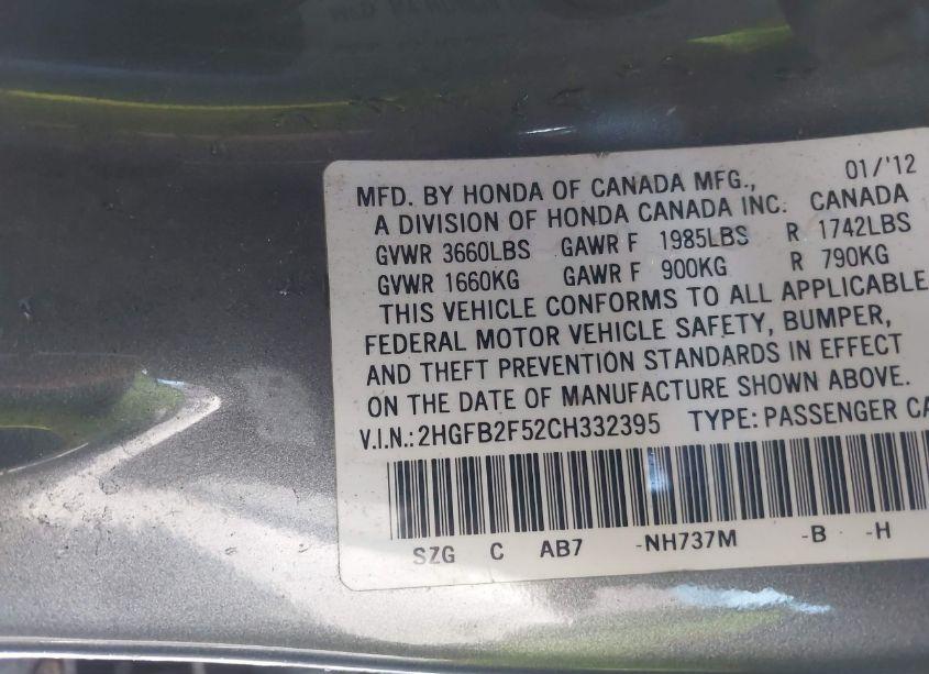 Photo 9 of 2012 Honda Civic LX (VIN 2HGFB2F52CH332395)