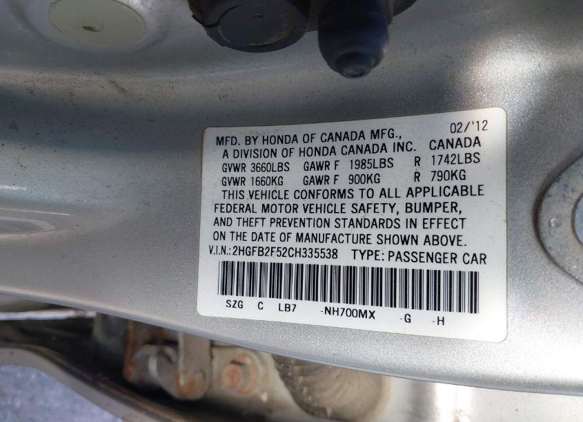 Photo 9 of 2012 Honda Civic SDN LX (VIN 2HGFB2F52CH335538)