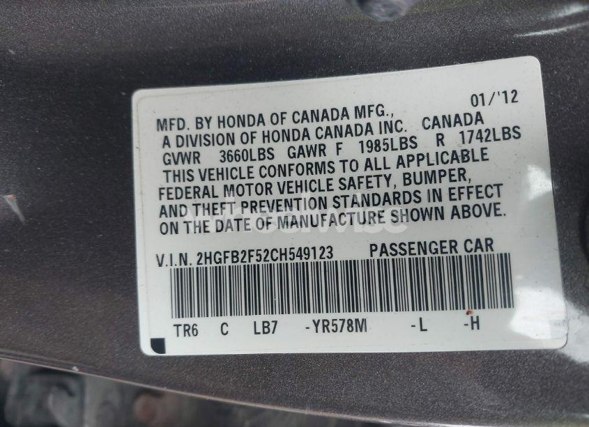 Photo 9 of 2012 Honda Civic LX (VIN 2HGFB2F52CH549123)