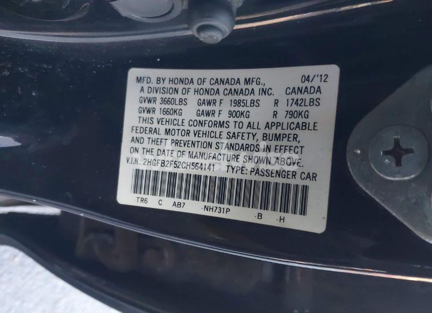 Photo 9 of 2012 Honda Civic LX (VIN 2HGFB2F52CH564141)