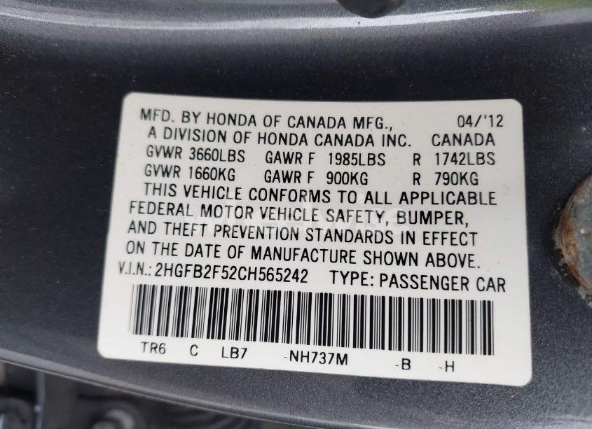 Photo 9 of 2012 Honda Civic LX (VIN 2HGFB2F52CH565242)