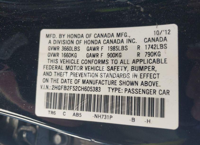 Photo 9 of 2012 Honda Civic LX (VIN 2HGFB2F52CH605383)