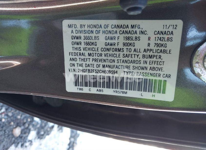 Photo 9 of 2012 Honda Civic LX (VIN 2HGFB2F52CH609594)