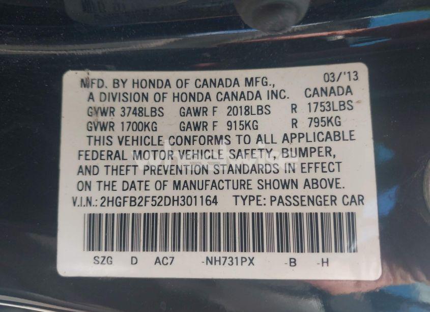 Photo 9 of 2013 Honda Civic LX (VIN 2HGFB2F52DH301164)