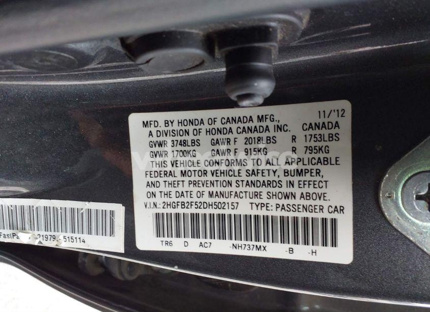 Photo 9 of 2013 Honda Civic LX (VIN 2HGFB2F52DH502157)