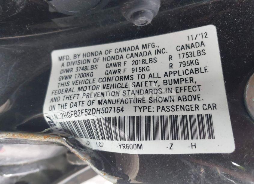 Photo 9 of 2013 Honda Civic LX (VIN 2HGFB2F52DH507164)