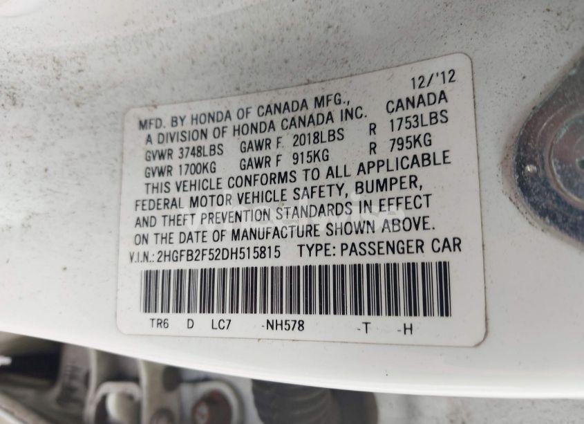 Photo 9 of 2013 Honda Civic LX (VIN 2HGFB2F52DH515815)