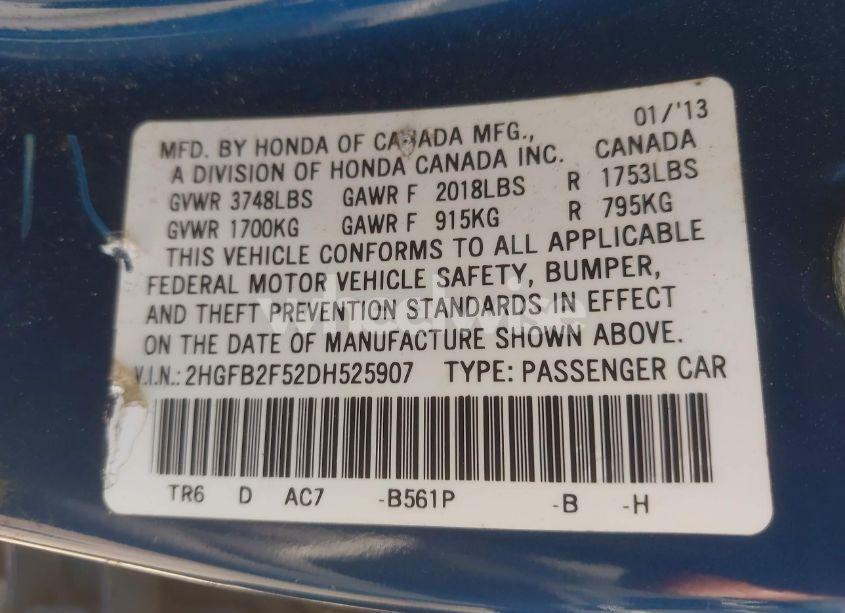 Photo 9 of 2013 Honda Civic LX (VIN 2HGFB2F52DH525907)