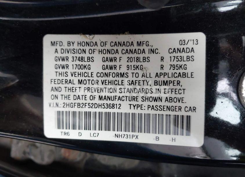 Photo 9 of 2013 Honda Civic LX (VIN 2HGFB2F52DH536812)