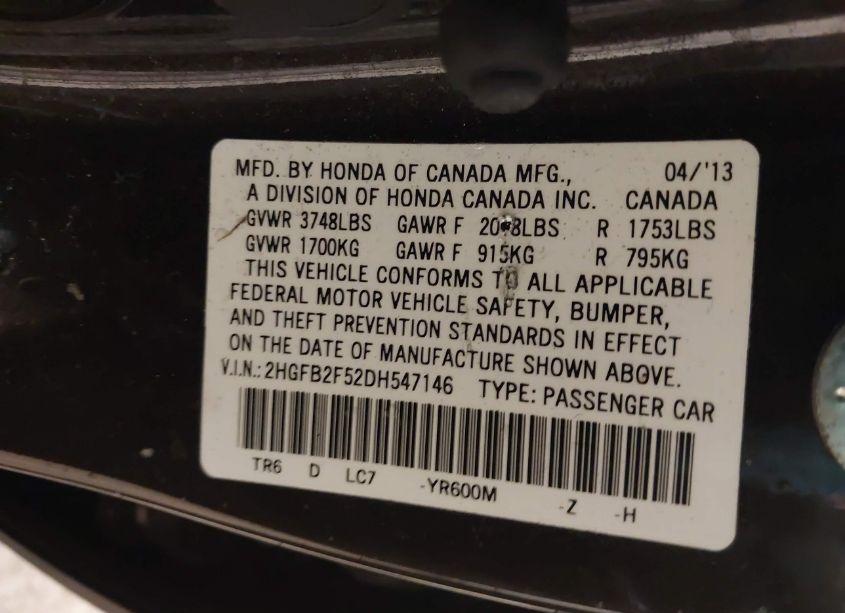 Photo 9 of 2013 Honda Civic LX (VIN 2HGFB2F52DH547146)