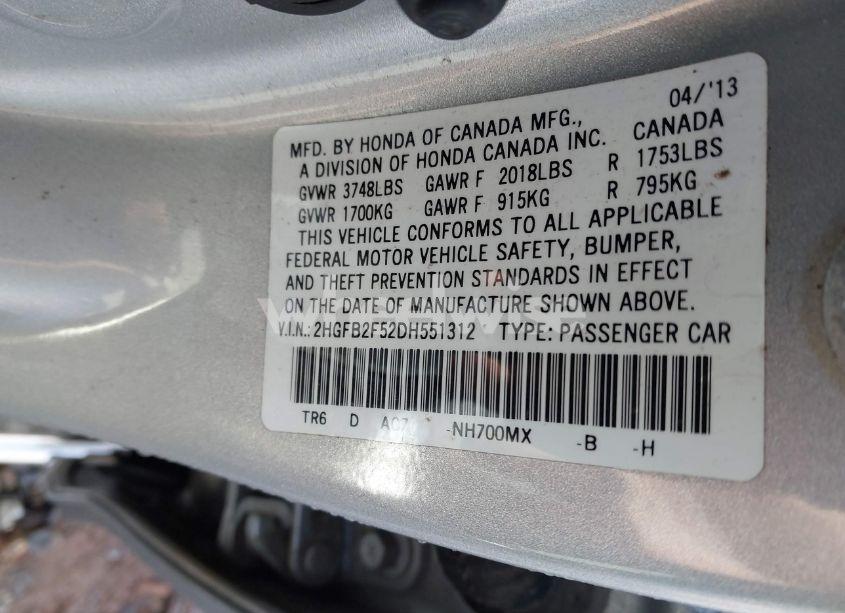 Photo 9 of 2013 Honda Civic LX (VIN 2HGFB2F52DH551312)